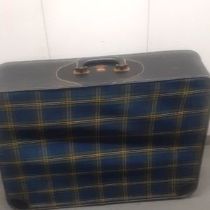 Vtg LEED'S Canvas  Luggage SUITCASE PLAID NAVY